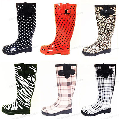 New Women's Rain Boots Wellies Mid Calf Rubber Waterproof Rain Snow Boots 
