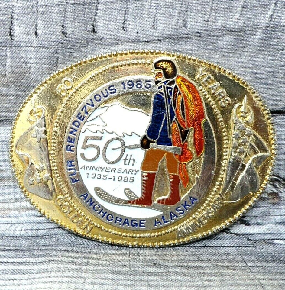 Пряжка для ремня с меховым рандеву Аляска Анкоридж 50-я ежегодная винтажная 1985 г. B72 - Изображение 2 из 4