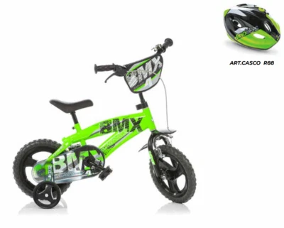 DINO BIKES BICI BMX BICICLETTA BAMBINO 3 4 5 ANNI CON ROTELLE VERDE 12" CASCO OPZIONALE