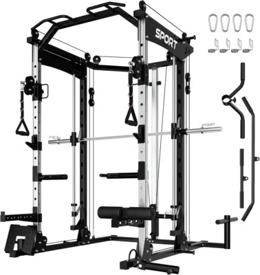 GRVEE 💯2200 Lbs Smith Machine Multi-Function Squat Rack with LAT-Pull Down Power Cage