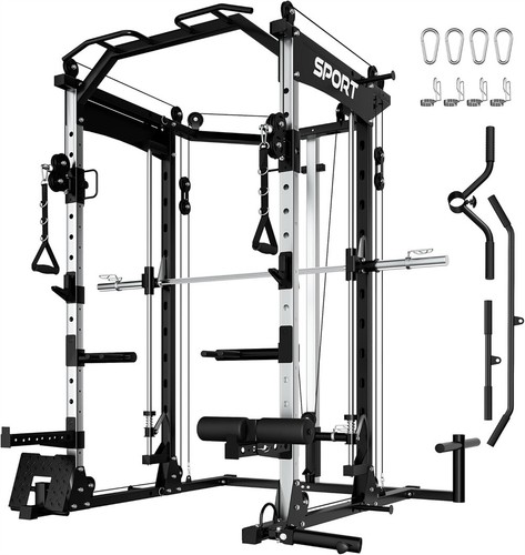 2200 Lbs Smith Machine Multi-Function Squat Rack with LAT-Pull Down Power Cage
