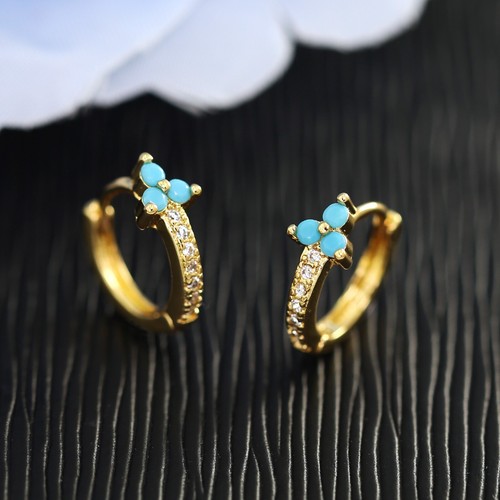 9K YELLOW GOLD FILLED BLUE TURQUOISE TRINITY FLOWER SMALL HOOP HUGGIES EARRINGS - Picture 6 of 7