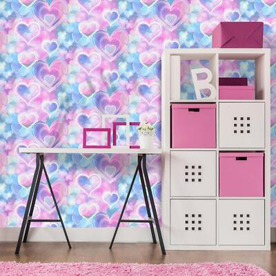 Holden Neon 3D Effect Hearts Pink / Blue Trendy Girls Bedroom Wallpaper 13785