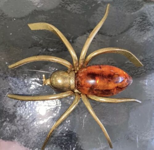 Art Deco Pumpkin Orange Bakelite Spider Brooch, Dimensional Spider