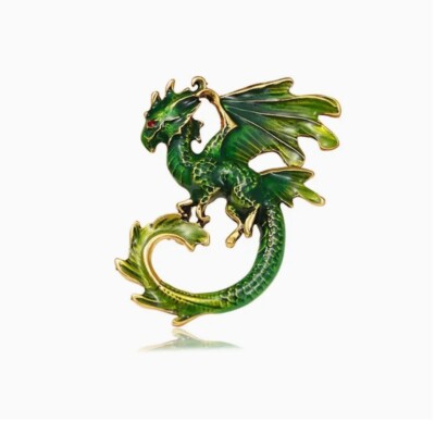 Green Enamel Dragon Brooch Gold Tone