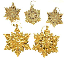 Dazzling Snowflakes Ornaments -Glittery Gold 3D - Reflects colors Set of 5