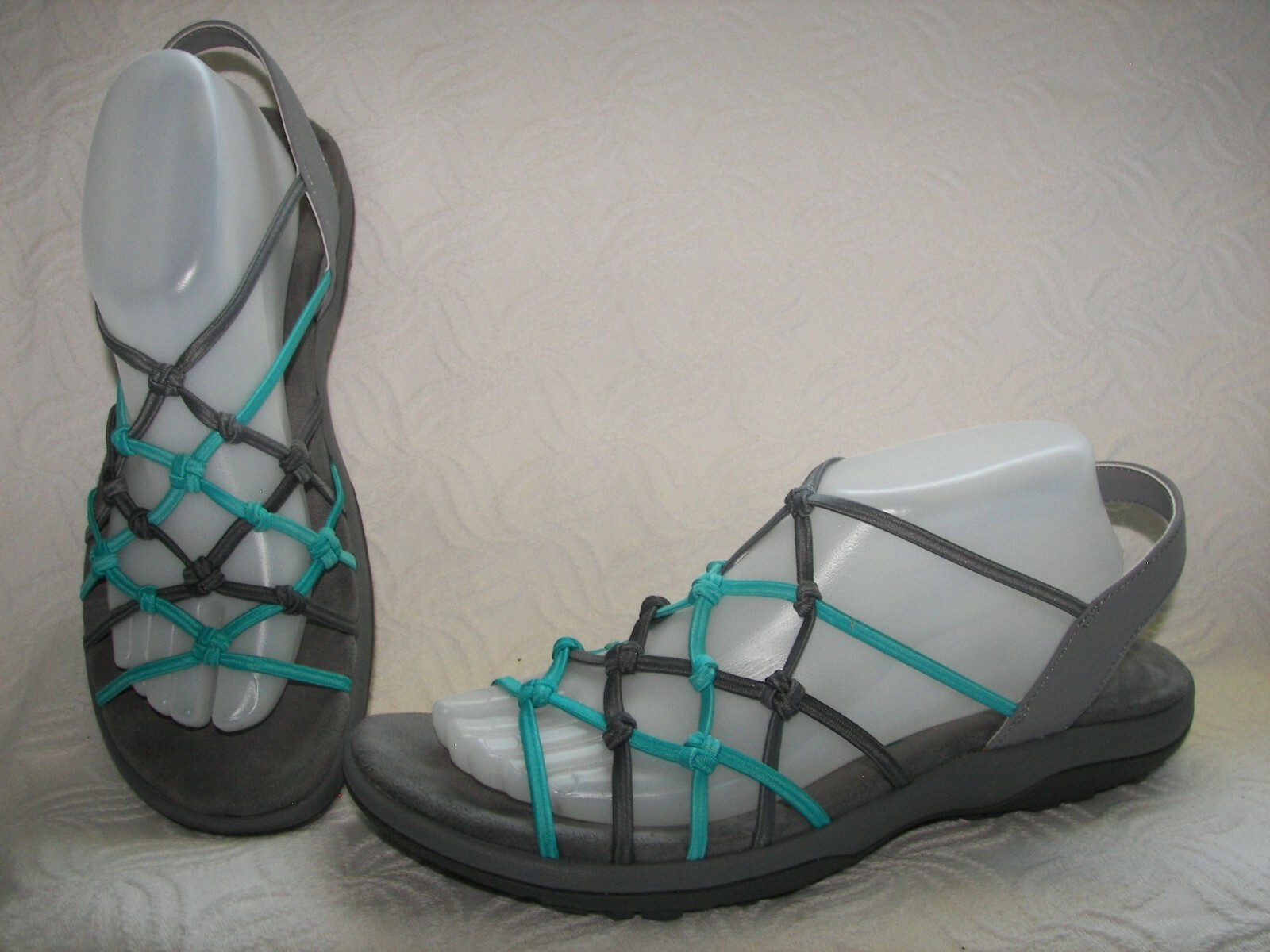 Skechers Memory Foam Sandals Strappy Stretch Cushion Gray Aqua blue 10  comfort | eBay