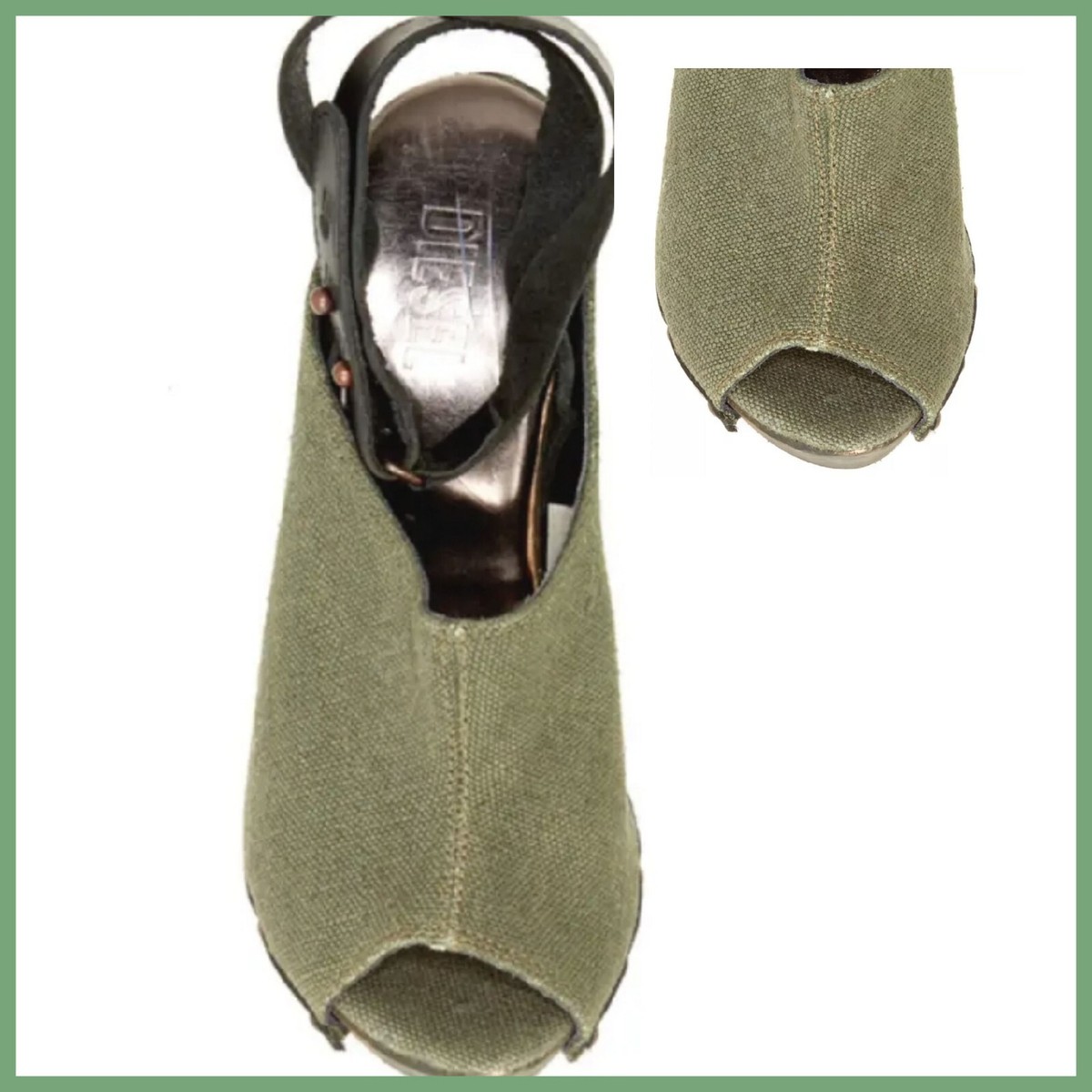 $250 DIESEL Green Studded Moody Woody Yumu Mules Heels Platform