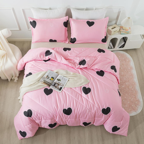 Love Pattern Girls Pink Comforter Set Full Size, Blush Pink Cute Love Heart Sexy - Picture 4 of 12