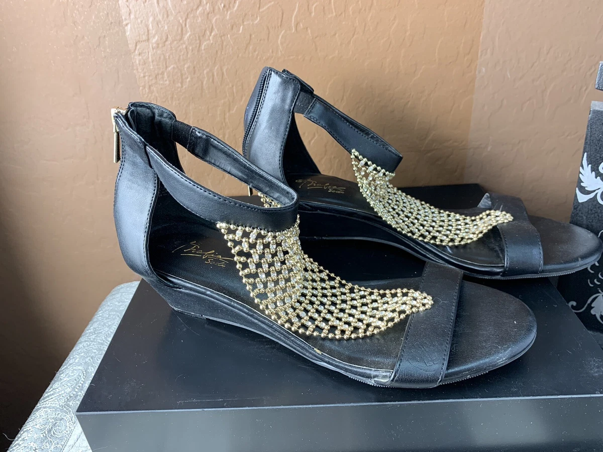 Thalia Sodi Womens 9.5 Black Tacey Open Toe Blingy t strap Ankle Wedge Sandals