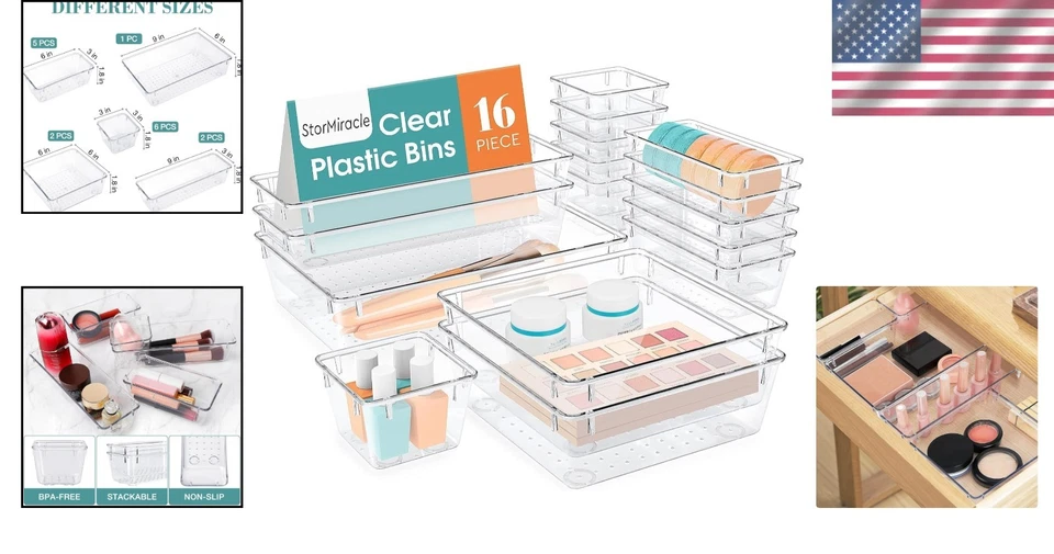 Drawer Organizer Set Clear Storage Bins for Makeup Jewelry Kitchen office - Image 2 of 4