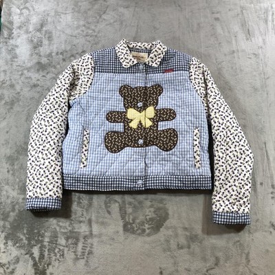Teddy Fresh Jacket Womens Medium Blue Quilted Gingham Teddy Bear Snap Floral