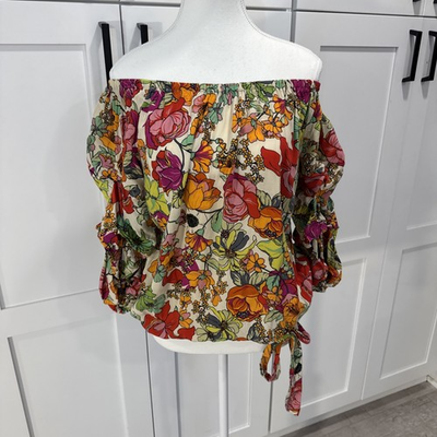 #ad #ad Coco Bianco Floral Print Top On Off Shoulder Tie Waist Ruffle Sleeve Boho Large $12.00