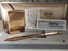 Zippo Oil Lighter and Original Ballpoint Pen Set Vintage Gold Used