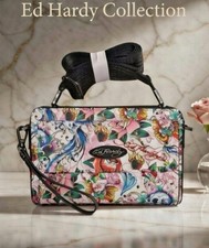 Ed Hardy Rose  Butterfly Logo White /Pink Crossbody/Wallet EHW11105L-42-WKP