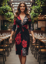 Joneswear 12 Dress Black Red Gray Floral Knit Ruched Midi Office Siren cocktail