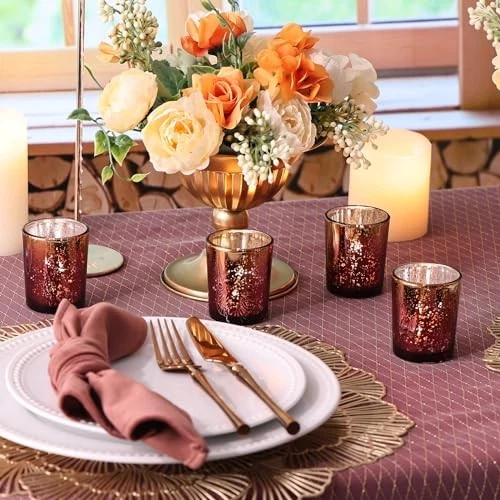  Juego de 12 Candelabros Votivos Borgoña, Motas Vidrio Mercurio Borgoña + Oro Foto 4 de 4