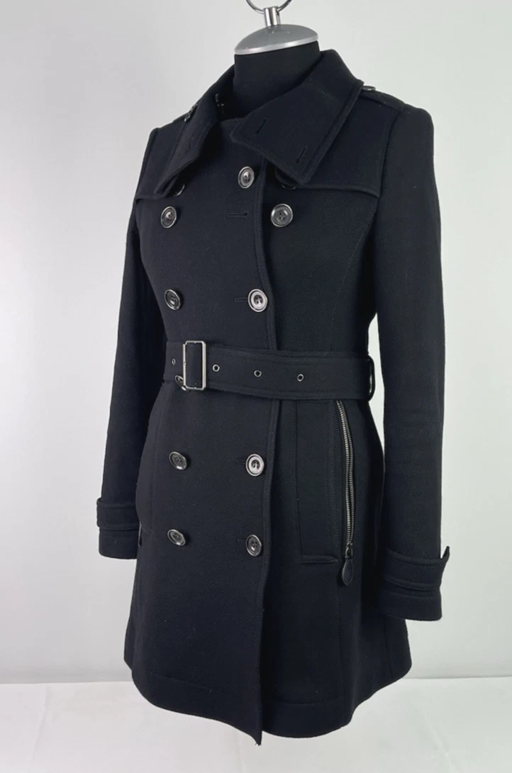 Burberry Brit Women's Black Wool Cashmere Military Trench Coat Belted XS