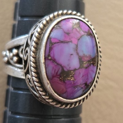 Solid 925 Sterling Silver Purple Turquoise Gemstone Ring Size 5 antique 