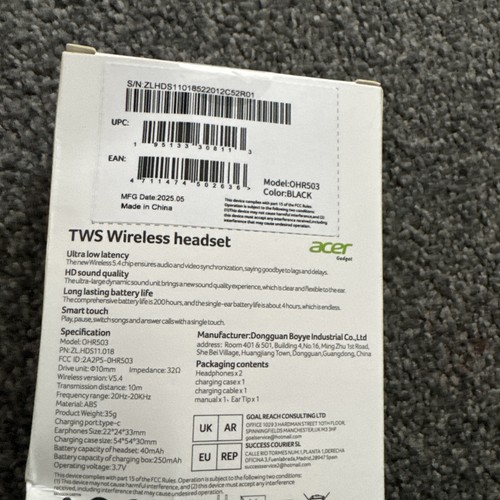 Acer OHR503 Wireless Earbuds (Earphones) Black Brand New - Picture 3 of 3