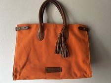 Ralph Lauren Canvas Tote Bag Orange Leather Trim Tassel Large Handbag