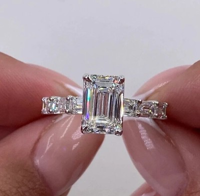 Emerald Cut Certified Moissanite Engagement Ring With Baguette Band Ring 2.50 CT