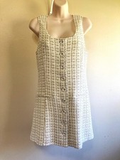 Retro 60s Mini Dress 8 M Reformation Sleeveless Boucle Knit White Gold Plaid