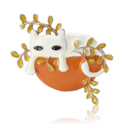 Cute White Cat on Yellow Leaf Brooch Enamel Lazy Kitten Pin Fall Jewelry Gift