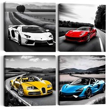 Car Wall Art 4PC Sports Car Canvas Wall Art Framed Colorful Supercar Painting...