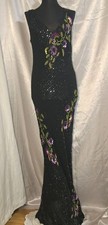 Y2K Prom Black Silk Beaded Evening Gown Serenade Floral Sequin Maxi Dress