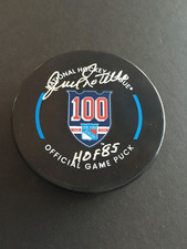 JEAN RATELLE AUTOGRAPHED RANGERS 100 CENTENNIAL GAME PUCK W/ 