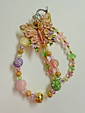 Butterfly Purse Charm Phone Charm Keychain Pink Green Beaded Crystal Gold Tone 6