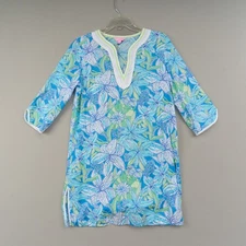 Lilly Pulitzer Cover-Up Dress Women S Blue Green Floral Cotton 3/4 Sleeve Resort