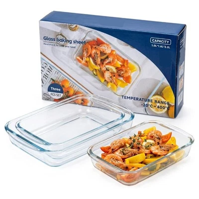 Glass Baking Trays Sheets Handle Non Stick Freezer Oven Rectangle Bakeware 3pc - Image 1 of 4