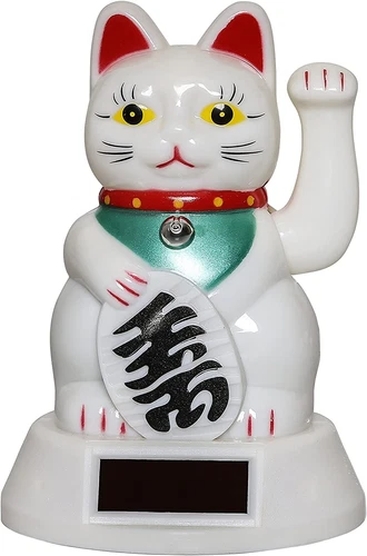 Fortune Cat Lucky Cat Waving Arm, Solar Powered, White