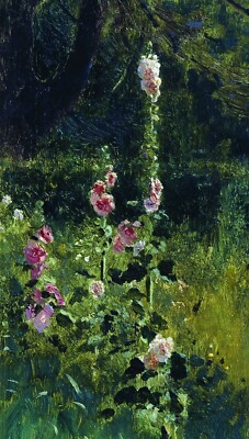 Oil painting Hollyhocks-Ilia-Efimovich-Repin flowers in landscape art