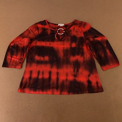 Notations Women's Large Black Red Tie Dye 3/4 Sleeve Keyhole Pullover Blouse