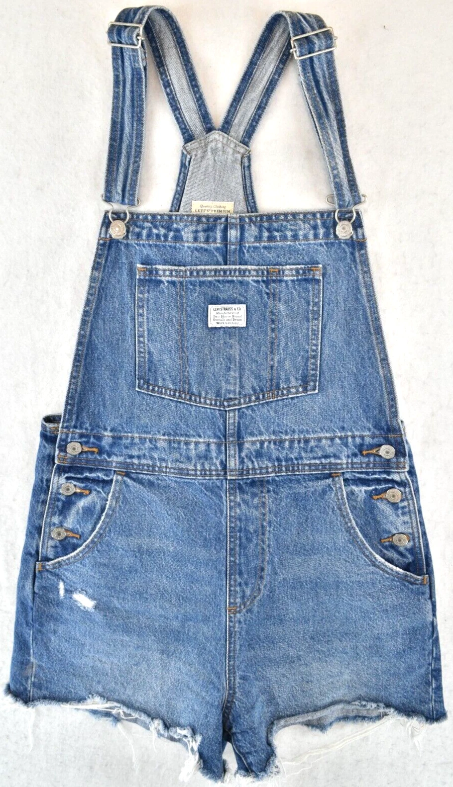 Levis Jeans Premium Big E Cut-Off Overalls Med Wash Blue Denim Womens Size Med
