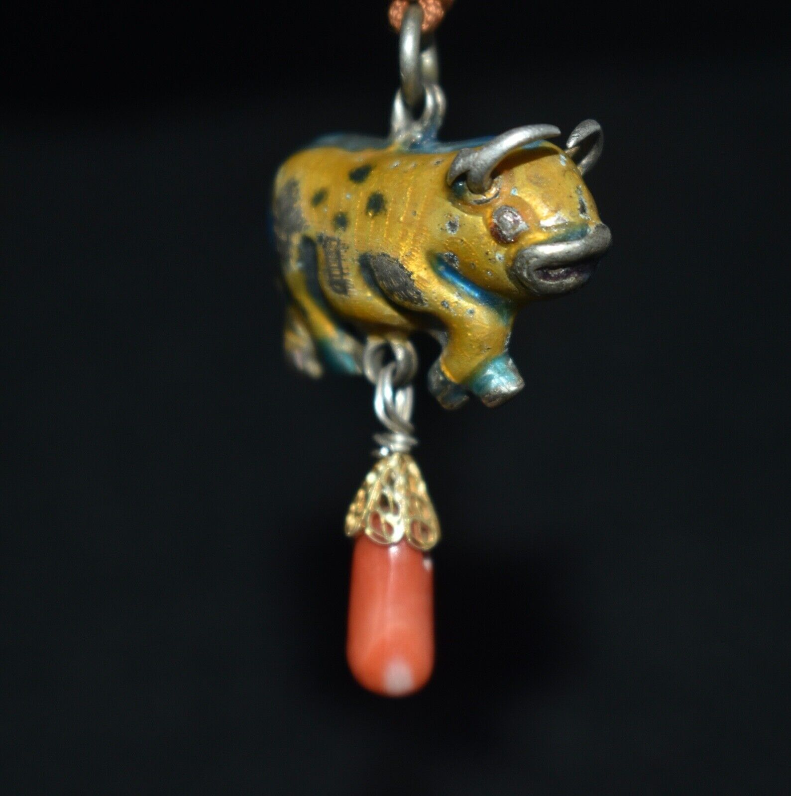 Original Ching Period Antique Chinese Cow Charm / Jewelry w/ Coral Adornment