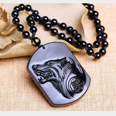 Black Handwork Chinese Carved Natural Obsidian Wolf Head Pendant W/Bead  Necklace
