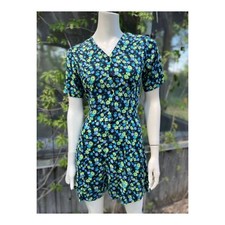 90s Floral Romper Playsuit High Waist Summer Green Blue Sz S