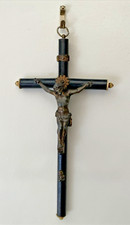 C19th Antique Wooden Ebony Cross And Metal Christ Crucifix, Skull & Crossbones