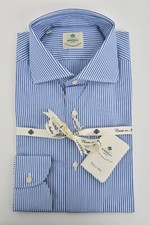 NWT Men's LUIGI BORRELLI Napoli Lt Blue White Striped Cotton Dress Shirt 18 45