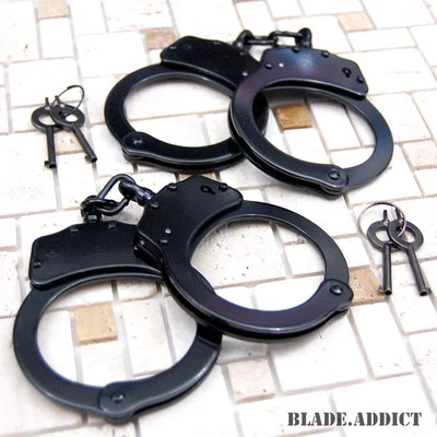 2PC Police Handcuffs BLACK STEEL Double Lock AUTHENTIC Hand Cuffs w/Keys REAL