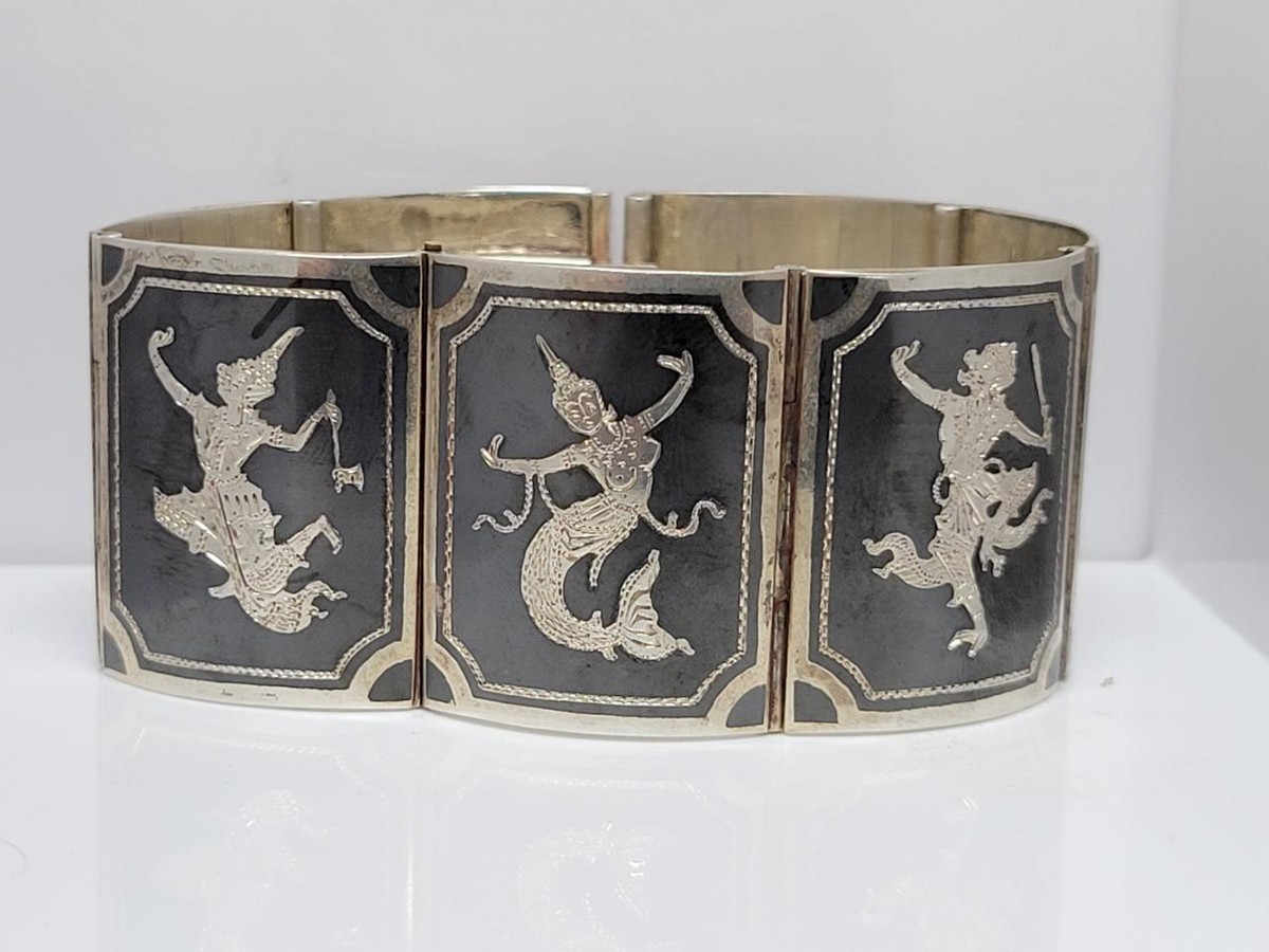 Siam Sterling Silver Niello Rectangular Panel Link Bracelet ~ 48.5