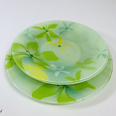 Luminarc 2 Dinner Plates 2 Salad Bowls Green Ode Tempered Glass Tableware Floral