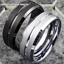 Tungsten Men's Silver or Black Sand Blast Finish Center Groove Wedding Band Ring