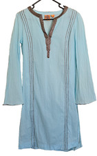 Vtg Tory Burch Luxury Crinkle-Voile Beach Tunic CoverUp Aqua Metallic Trim Sz 6