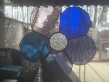 Stained Glass Floral Suncatcher Window Panel Blue Purple Clear Flower Design
