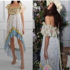 LoveShackFancy Dress Alexia High Low Midi in Multi Colorful Blue Yellow Floral